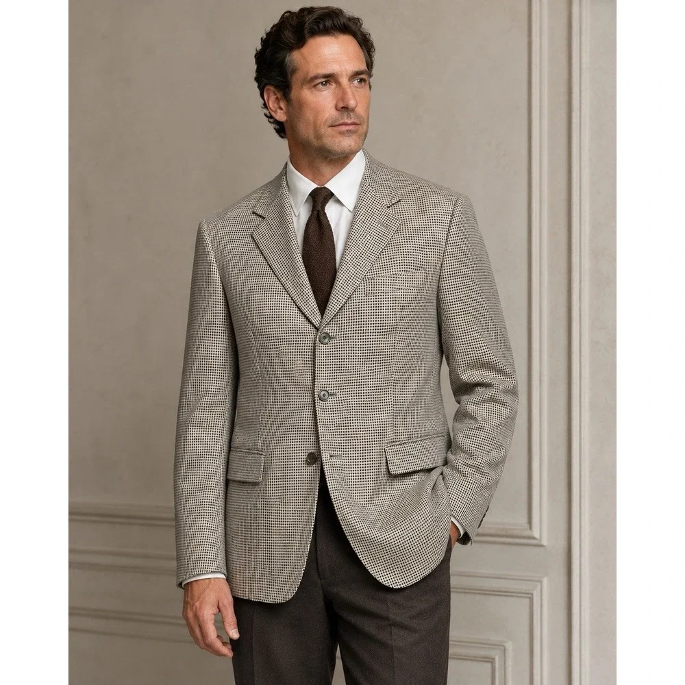 Coppley SILK WOOL Sport Coat 41 TALL Beige Black Houndstooth Blazer Jacket EUC